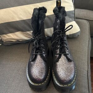 Black Shimmer Dr. Marten Platform Boots (Faux Fur inside)